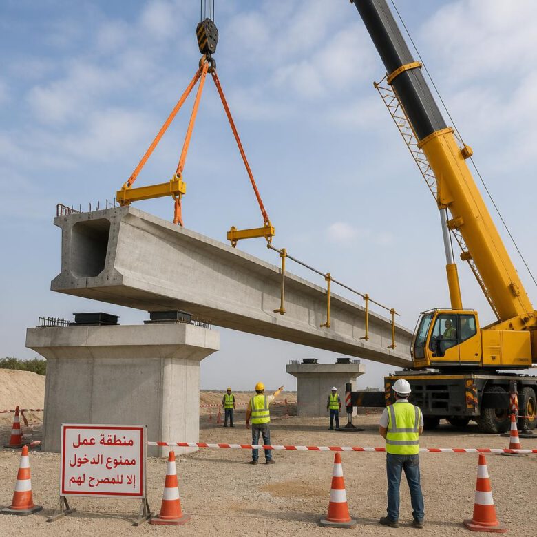 تركيب كمرة خرسانية سابقة الإجهاد باستخدام رافعة متحركة