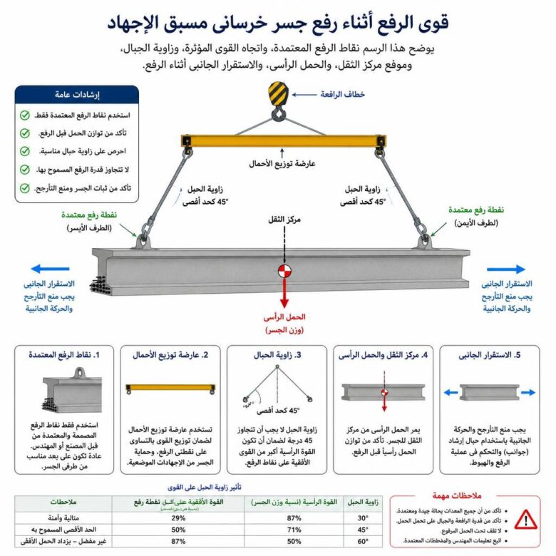 مخطط قوى رفع الكمرة سابقة الإجهاد وزوايا حبال الرفع - طريقة تركيب الكمرات الخرسانية مسبقة الإجهاد