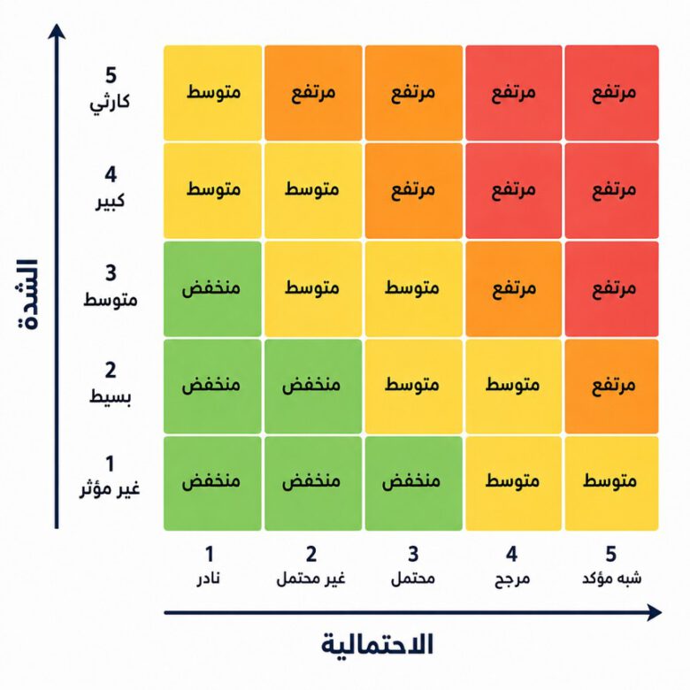 مصفوفة تقييم المخاطر باللغة العربية توضح مستويات الخطورة حسب شدة الخطر واحتمالية حدوثه من منخفض إلى مرتفع - إعداد تقييم المخاطر (Risk Assessment)