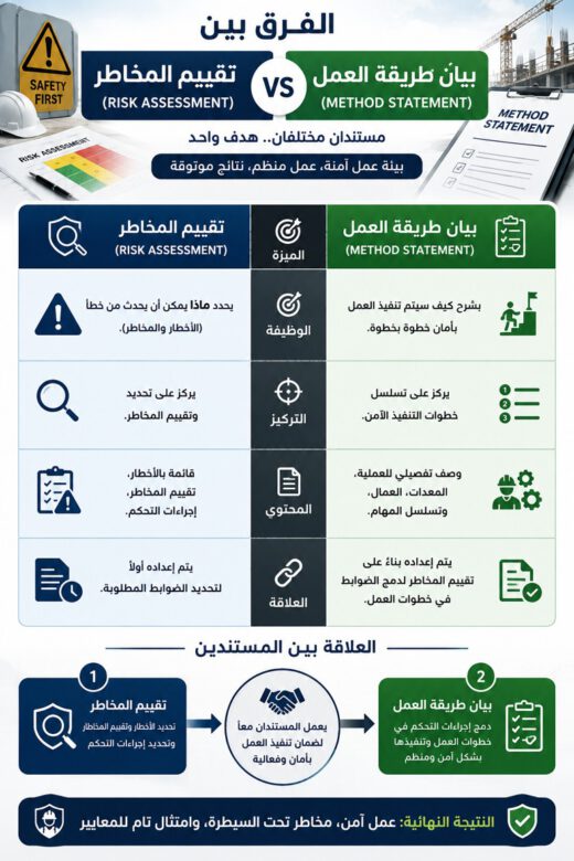 إنفوجرافيك يوضح الفرق بين تقييم المخاطر Risk Assessment وبيان طريقة العمل Method Statement من حيث الوظيفة والتركيز والمحتوى والعلاقة بين المستندين