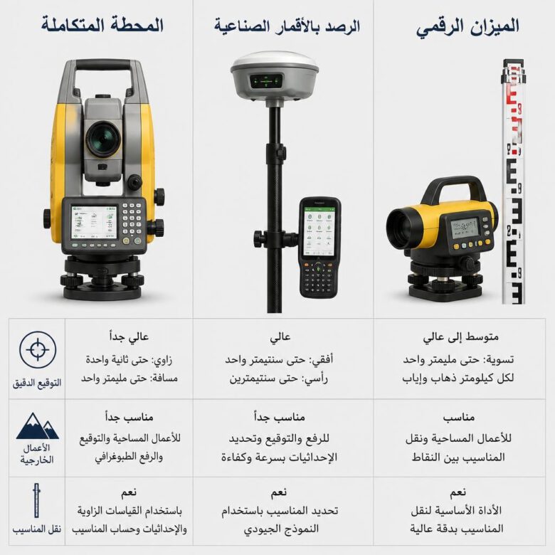 مقارنة أجهزة المحطة المتكاملة وGNSS والميزان الرقمي