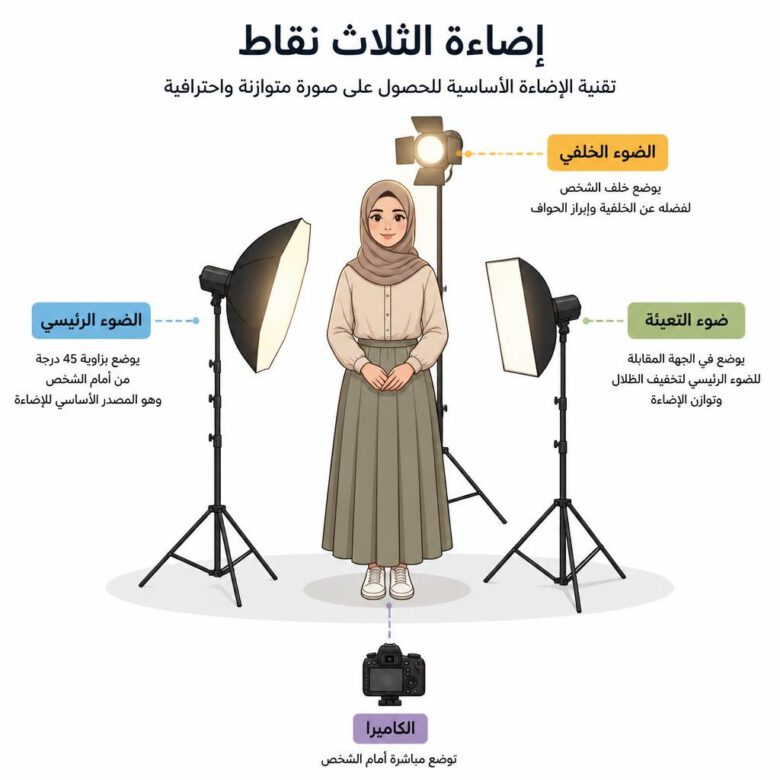 رسم بياني يوضح تقنية الإضاءة ثلاثية النقاط المستخدمة في التصوير الاحترافي مع تسميات باللغة العربية.