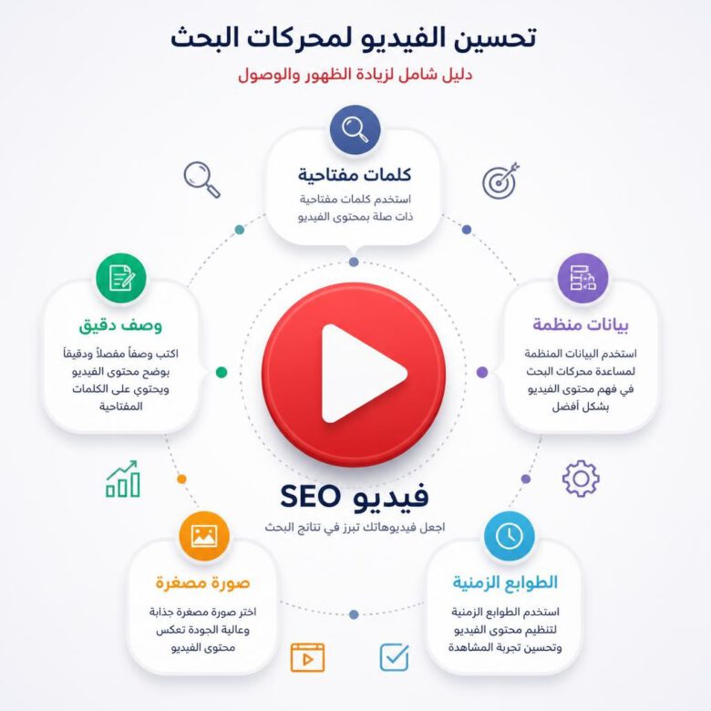 صورة مفاهيمية ترمز إلى تحسين محركات البحث للفيديو (SEO) مع أيقونة تشغيل محاطة بكلمات مفتاحية هامة باللغة العربية.