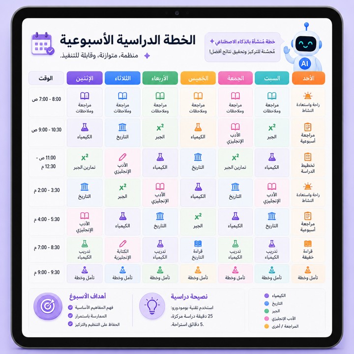 خطة مذاكرة أسبوعية تم إنشاؤها بواسطة Gemini
