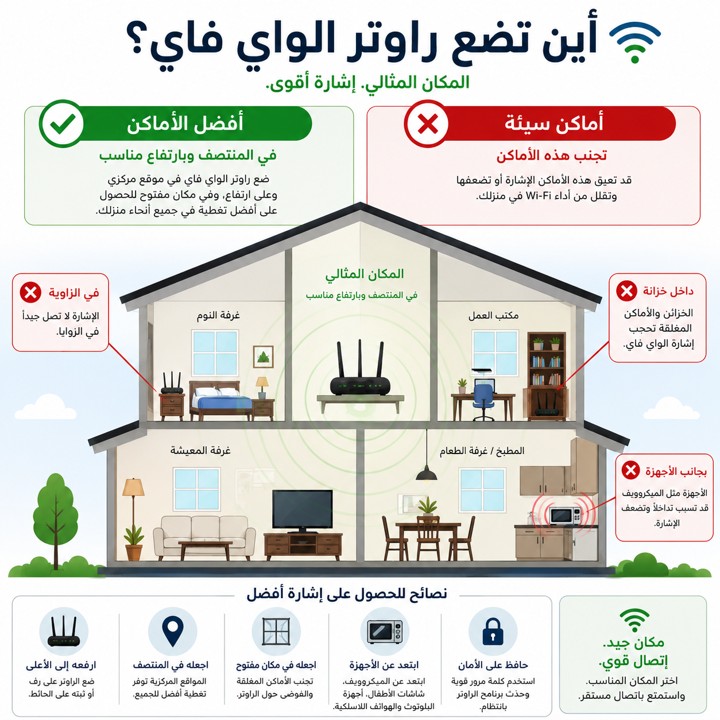رسم توضيحي يوضح أفضل وأسوأ الأماكن لوضع راوتر الواي فاي في المنزل - تقوية إشارة الواي فاي