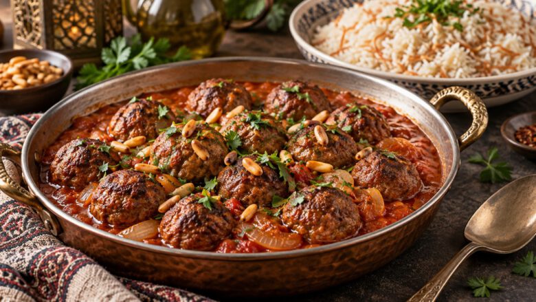 كفتة داوود باشا بكرات اللحم وصلصة الطماطم مع الأرز