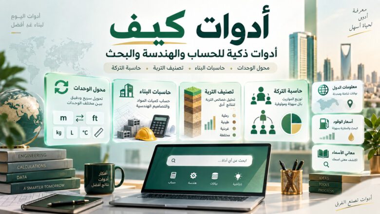صورة بارزة لأدوات كيف تعرض محول الوحدات وحاسبات البناء وتصنيف التربة وحاسبة التركة وأدوات البحث