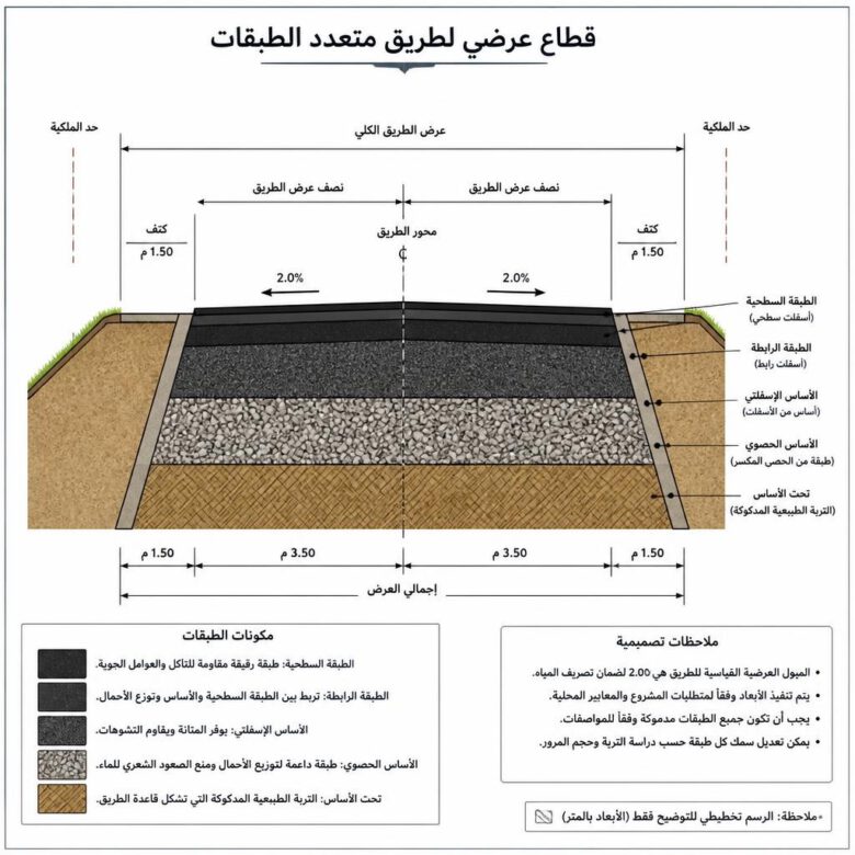 قطاع عرضي يوضح أشكال طبقات الأسفلت المغلقة داخل نموذج الطريق