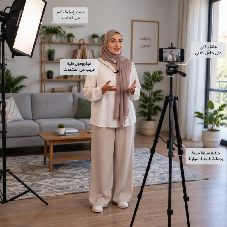 إعداد هاتف وإضاءة وميكروفون لتصوير فيديو احترافي