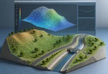 نموذج سطح TIN ثلاثي الأبعاد يوضح تضاريس الأرض وخطوط الكنتور في Civil 3D