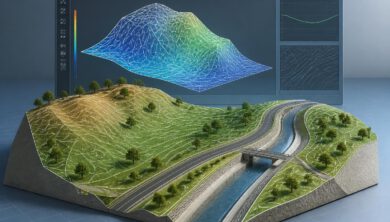 نموذج سطح TIN ثلاثي الأبعاد يوضح تضاريس الأرض وخطوط الكنتور في Civil 3D