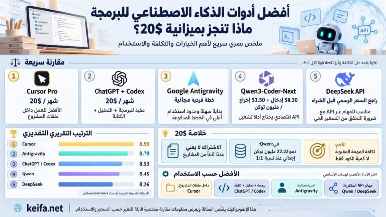 إنفوجرافيك يقارن بين أفضل أدوات الذكاء الاصطناعي للبرمجة (Cursor، ChatGPT، Antigravity، Qwen، DeepSeek) بناءً على التكلفة والاستخدام بميزانية 20 دولار.