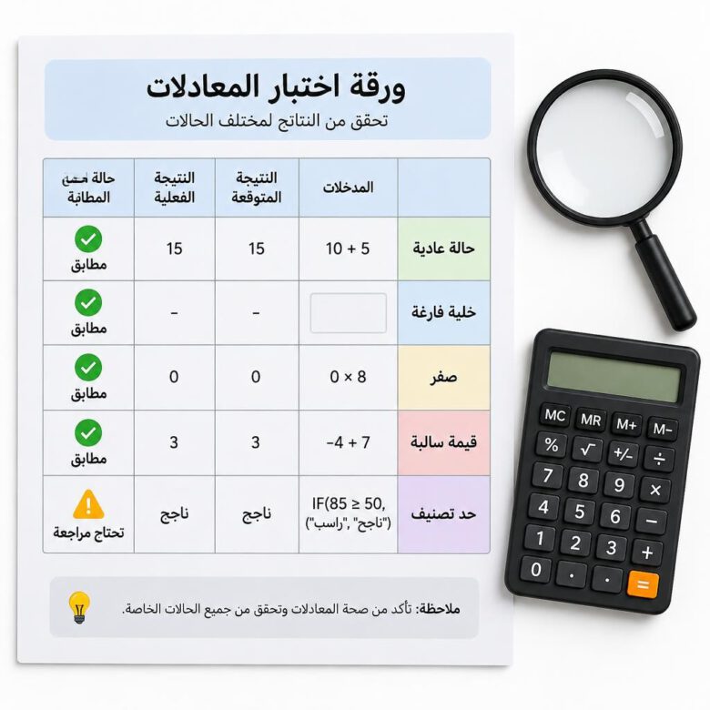 ورقة اختبار لمقارنة نتائج المعادلات بالحالات المتوقعة وفحص الفراغ والصفر والحدود - طريقة استخدام ChatGPT في Excel.