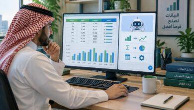 جدول بيانات للمبيعات بجانب مساعد محادثة لإنشاء المعادلات وتحليل النتائج