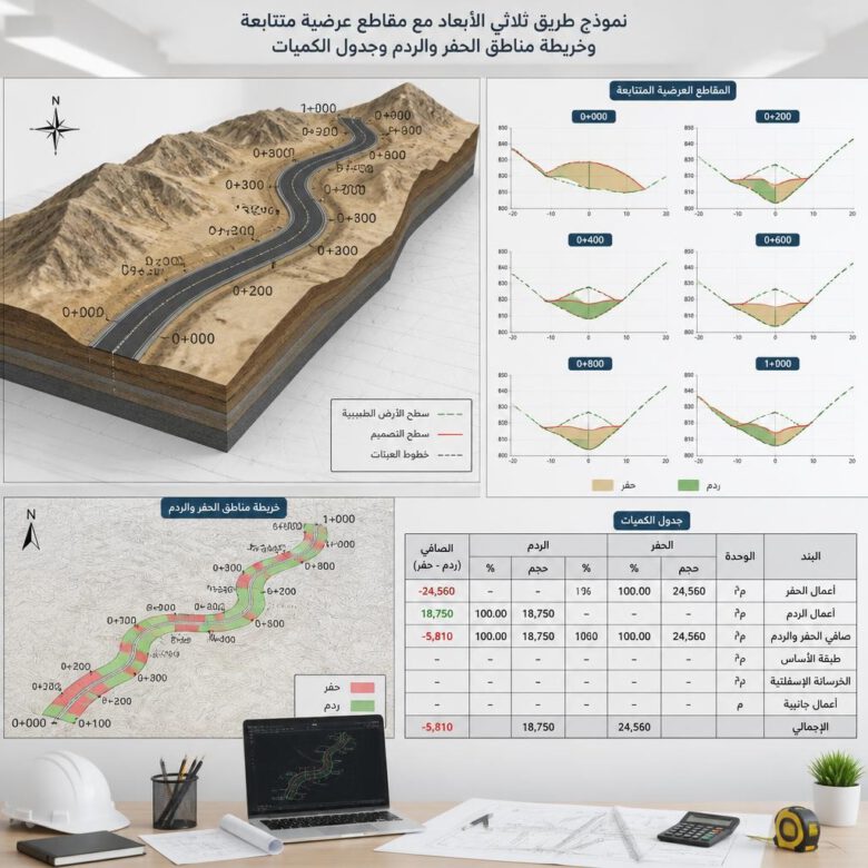 استخراج المقاطع العرضية وكميات الحفر والردم من نموذج الكوريدور - كيفية عمل Corridor في Civil 3D.