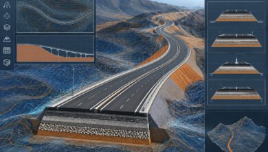 نموذج طريق ثلاثي الأبعاد يوضح استخراج سطح TIN من Corridor في Civil 3D