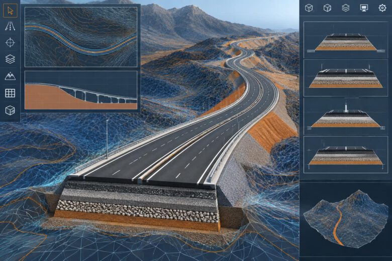 نموذج طريق ثلاثي الأبعاد يوضح استخراج سطح TIN من Corridor في Civil 3D