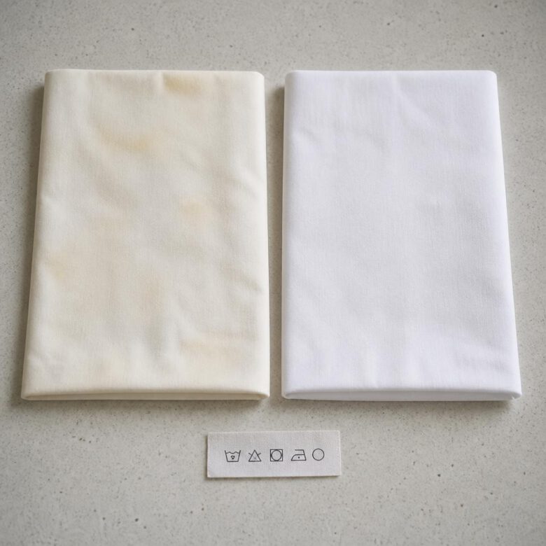 مقارنة بين قماش أبيض مصفر وقماش أبيض مستعاد اللون بعد الغسيل الصحيح