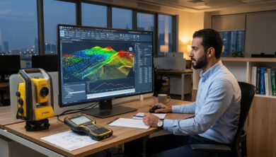 واجهة هندسية تعرض استيراد نقاط رفع مساحي وإنشاء سطح تضاريس في Civil 3D