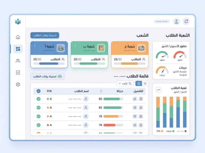 واجهة توضيحية منظمة لإعداد الصفوف وقائمة الطلاب في تطبيق تعليمي - تطبيق مساعد المعلم لإدارة الصفوف والطلاب.