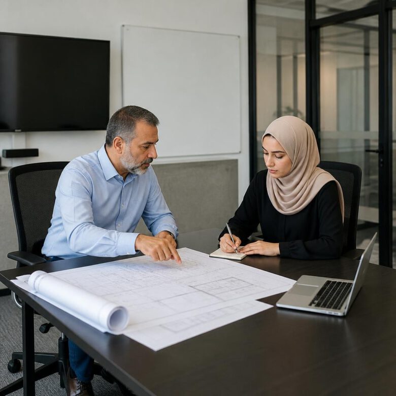 مرشد هندسي يقدم تغذية راجعة لمهندسة حول مشروع مهني