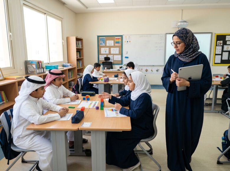 معلّمة تسجل تقييماً يومياً وملاحظات أداء للطلاب على جهاز لوحي - تطبيق مساعد المعلم لإدارة الصفوف والطلاب.