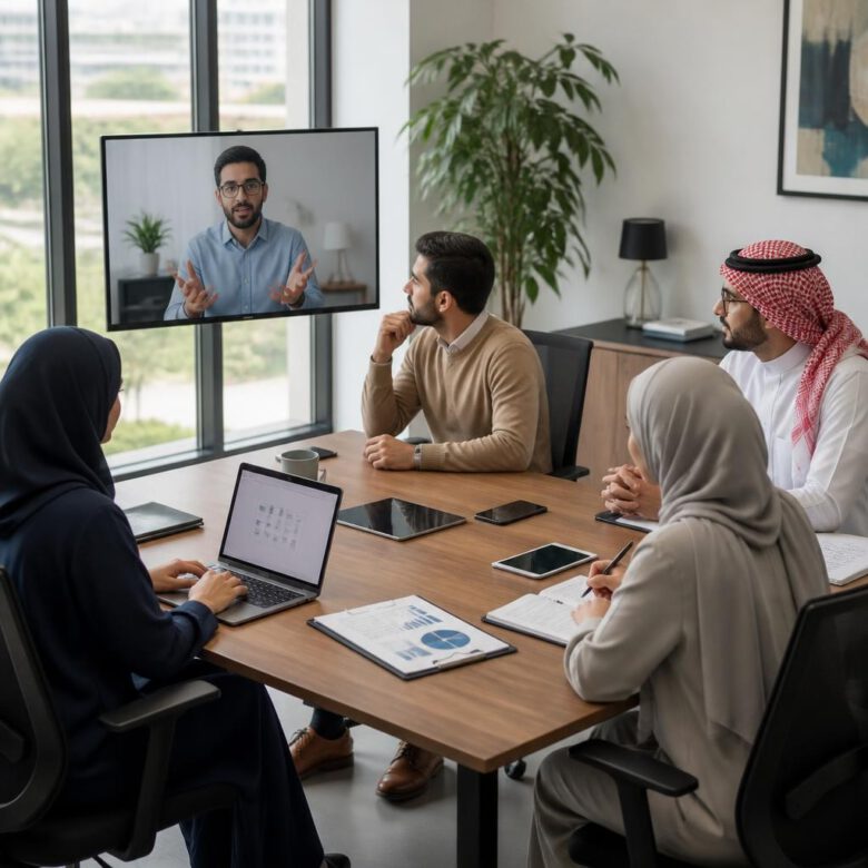 قائد يمارس الإصغاء الفعال خلال اجتماع فريق هجين - تطوير مهارات القيادة الشخصية.
