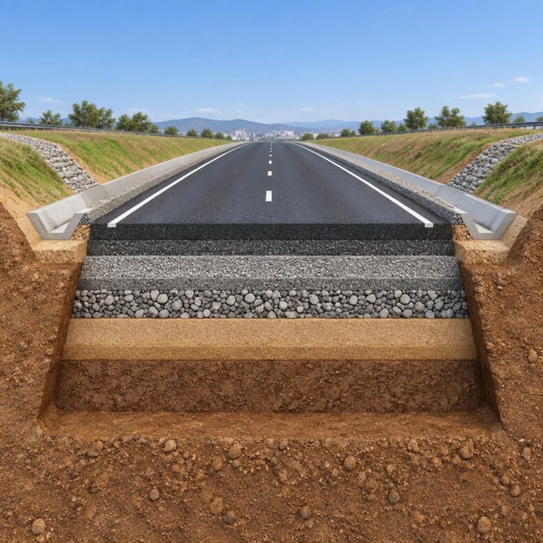 مقطع طريق يوضح الفرق بين سطح التشطيب Top وسطح التأسيس Datum - كيفية استخراج Surface من Corridor في Civil 3D.