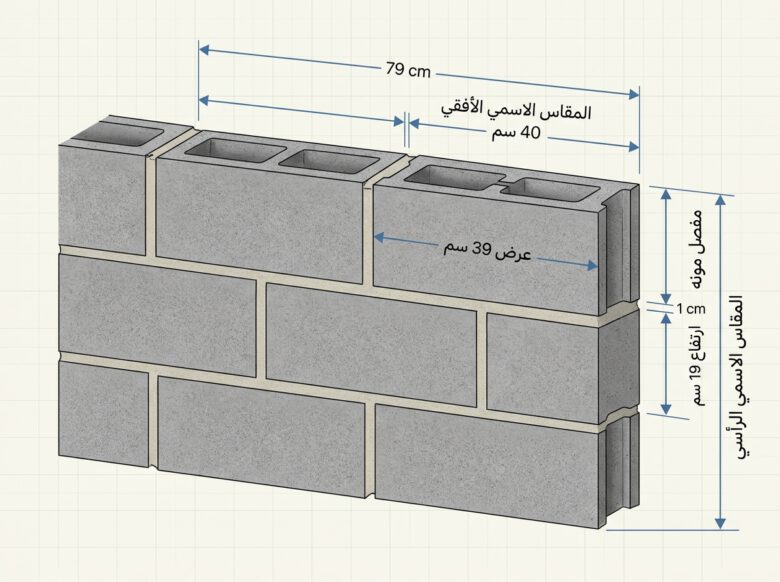 مخطط يوضح الفرق بين مقاس البلوك الفعلي والمقاس الاسمي مع فاصل المونة - كيفية حساب عدد البلوك للجدار.