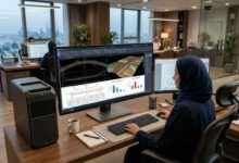 شاشة حاسوب هندسية تعرض تصميم قطاعات عرضية وحساب كميات الحفر والردم في برنامج Civil 3D