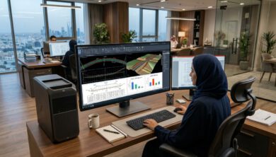 شاشة حاسوب هندسية تعرض تصميم قطاعات عرضية وحساب كميات الحفر والردم في برنامج Civil 3D