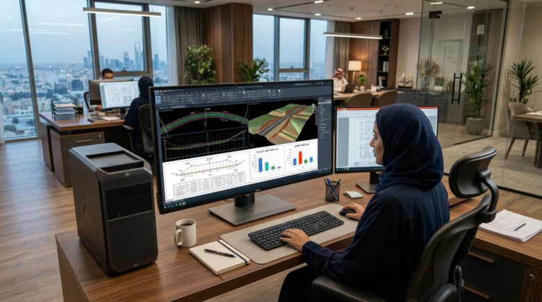 شاشة حاسوب هندسية تعرض تصميم قطاعات عرضية وحساب كميات الحفر والردم في برنامج Civil 3D