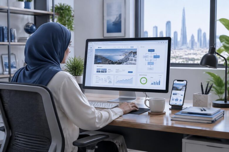 مكتب حديث يعرض تصميم موقع ويب عربي متجاوب وتحليلات الأداء