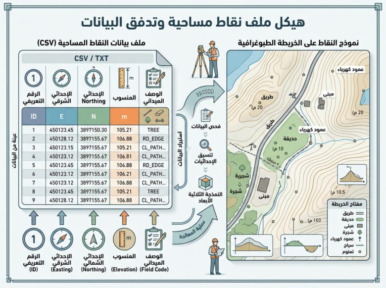 مخطط يوضح حقول ملف نقاط الرفع المساحي قبل استيراده إلى Civil 3D - طريقة إضافة نقاط الرفع المساحي إلى Civil 3D.
