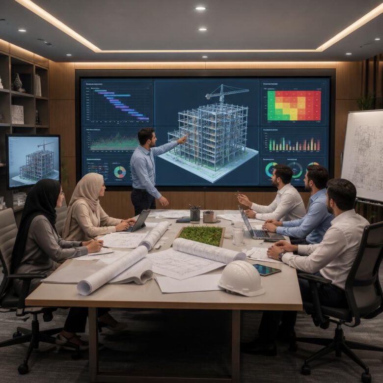 فريق هندسي يحلل نموذج BIM وبرنامج المشروع باستخدام الذكاء الاصطناعي