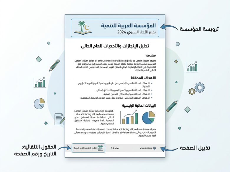 صفحة عربية تعرض الترويسة والتذييل والتاريخ التلقائي - كيفية تنسيق ملف Word باحتراف.