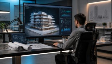 شاشة هندسية تعرض نموذج ثلاثي الأبعاد وإعدادات تحسين أداء أوتوكاد