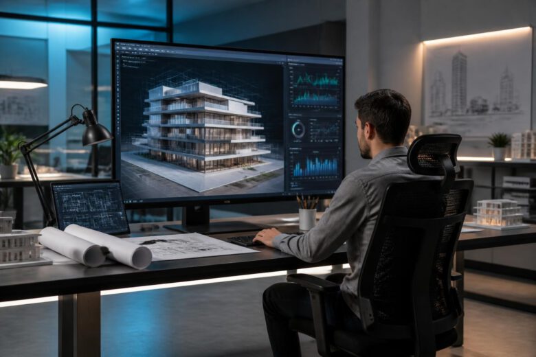 شاشة هندسية تعرض نموذج ثلاثي الأبعاد وإعدادات تحسين أداء أوتوكاد