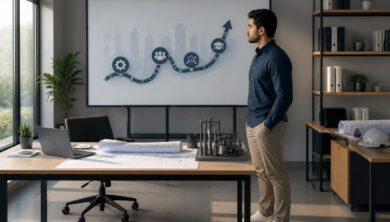 مهندس يخطط لتطوير مسيرته المهنية في بيئة عمل هندسية