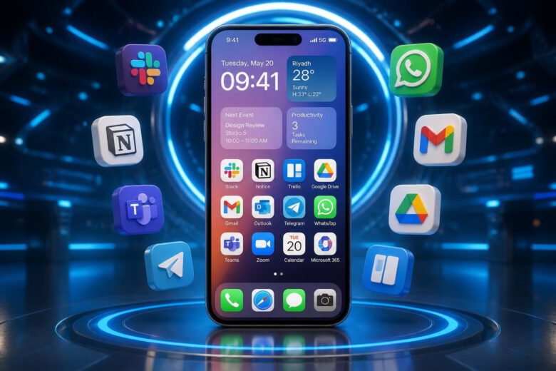 أفضل تطبيقات الهاتف الذكي لعام 2026 معروضة على شاشة هاتف محمول حديث