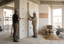 مهندس يقيس سمك محارة جدار مع أكياس إسمنت ورمل وأدوات معايرة