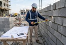 مهندس يقيس جدار بلوك لحساب كمية البلوك المطلوبة