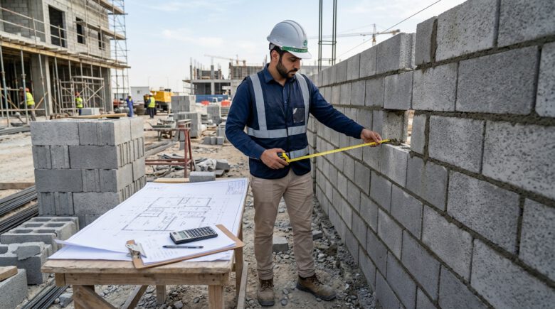 مهندس يقيس جدار بلوك لحساب كمية البلوك المطلوبة