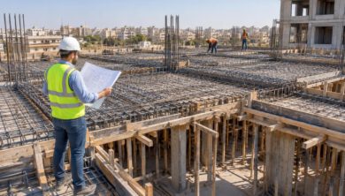 مهندس يراجع حساب كمية الخرسانة لسقف خرساني قبل الصب
