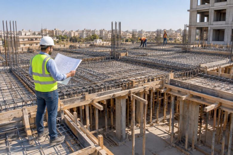 مهندس يراجع حساب كمية الخرسانة لسقف خرساني قبل الصب