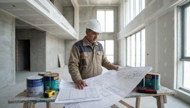 مهندس يراجع حساب كمية الدهانات داخل مبنى قبل أعمال التشطيب