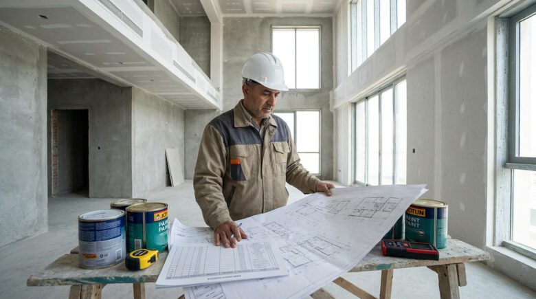 مهندس يراجع حساب كمية الدهانات داخل مبنى قبل أعمال التشطيب