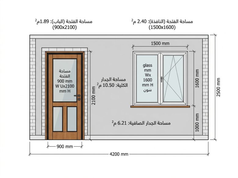 مخطط لحساب مساحة جدار بلوك بعد خصم مساحة الباب والنافذة - كيفية حساب عدد البلوك للجدار.