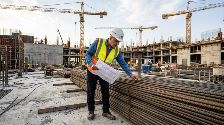 مهندس مدني يتفحص حديد التسليح في موقع إنشائي لحساب الأوزان والحصر الهندسي