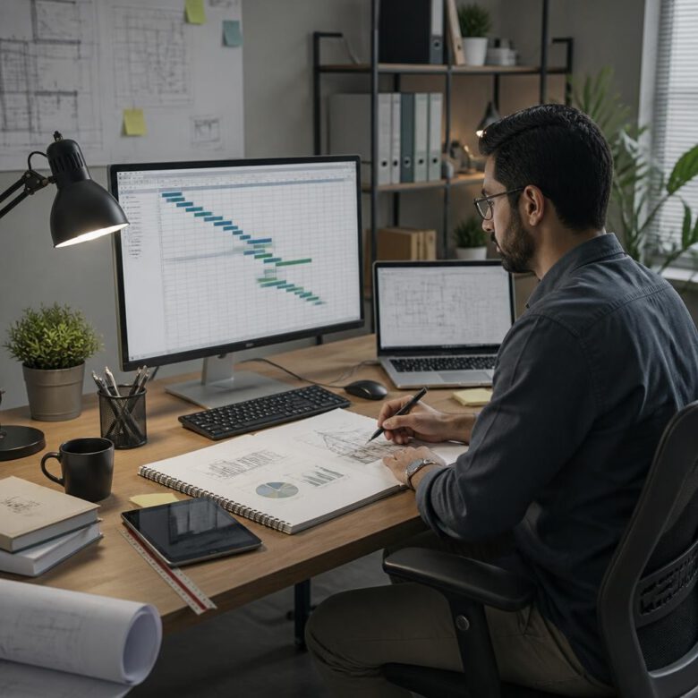مهندس يراجع خطة تطوير مهني لمدة تسعين يوما ومؤشرات أداء